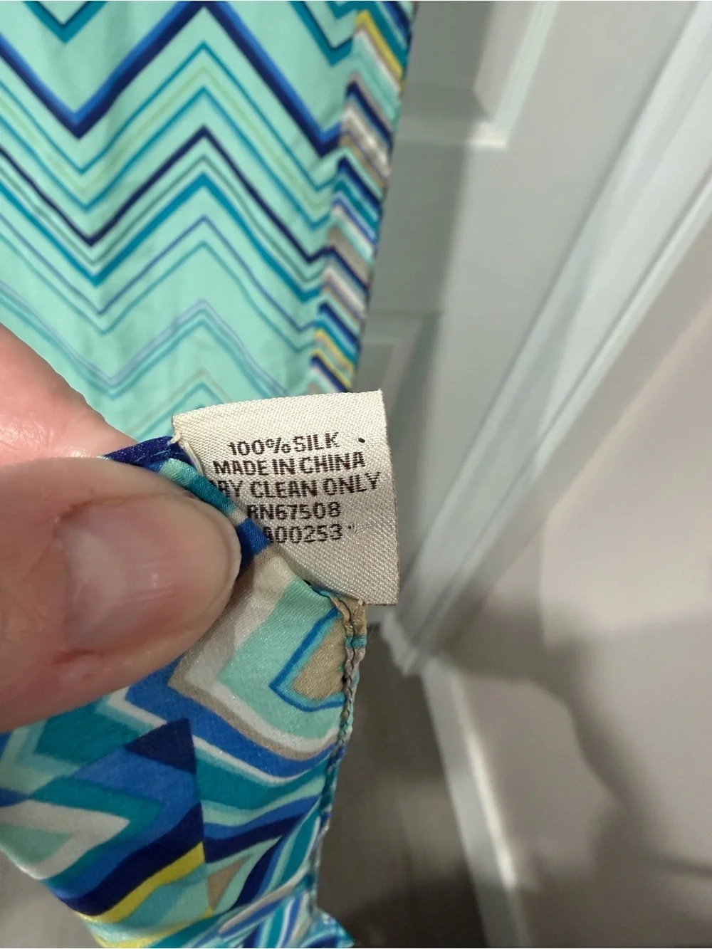 Vintage Anne Klein 100% Silk chevron print scarf, aqua teal.